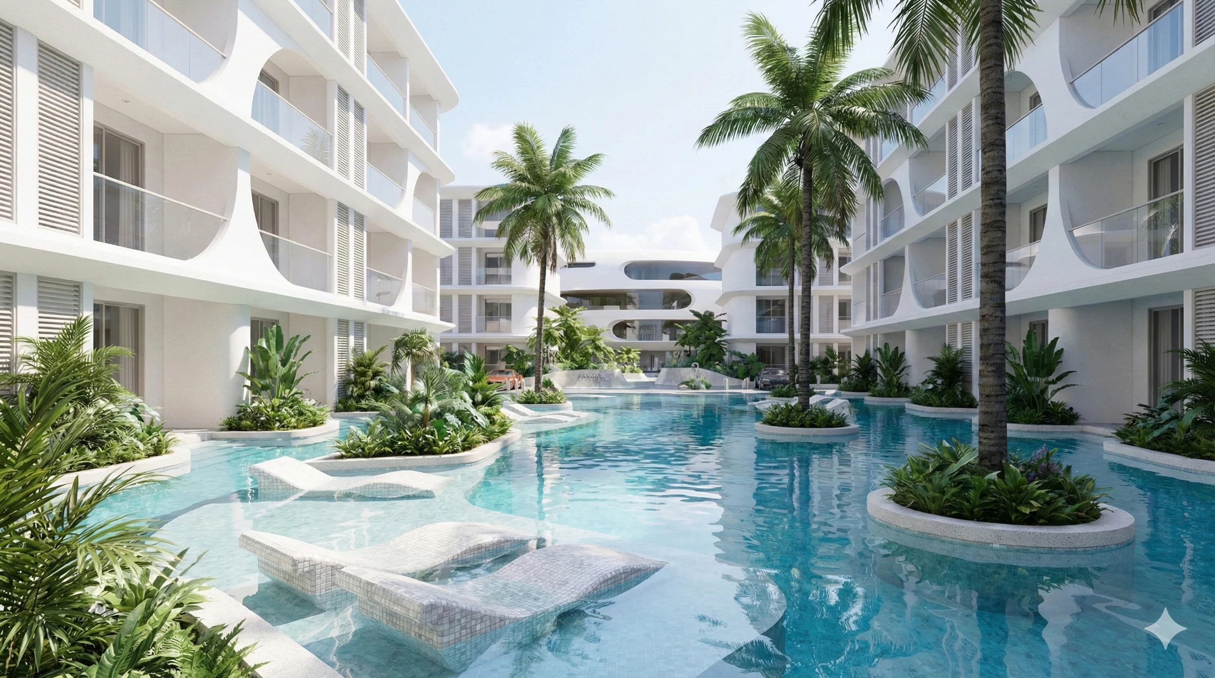 ANAVA landscaped courtyard with a pool and palm trees