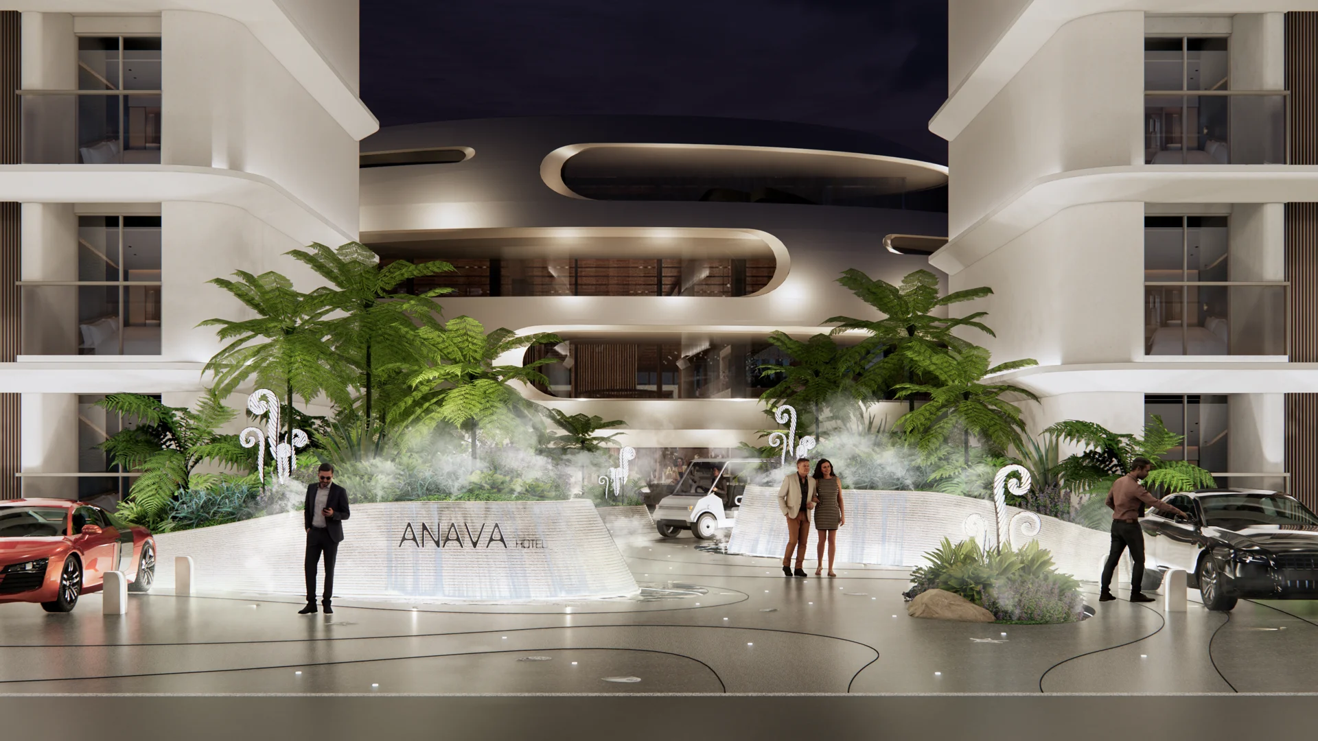 ANAVA's illuminated arrival courtyard